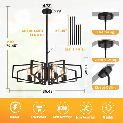 Modern 8-Light Geometric Black Frame Chandelier w/Gold Accents