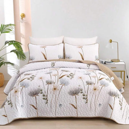 3-Piece Queen Floral Quilt Set, Lightweight Reversible Farmhouse Coverlet with 2 Pillow Shams - reversible floral quilt design
