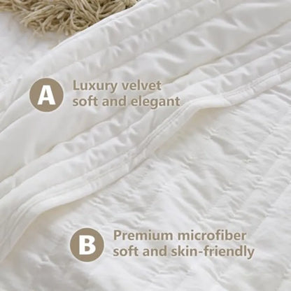 Close-up of the Elegant & Ultra-soft Queen Size 3-Piece White Velvet Quilt Set, highlighting the plush velvet material and intricate stitching.