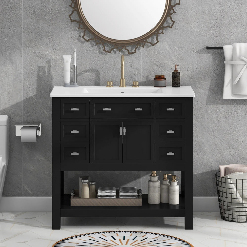 Modern 36'' Independent Bathroom Vanity w/Mounted Ceramic Sink