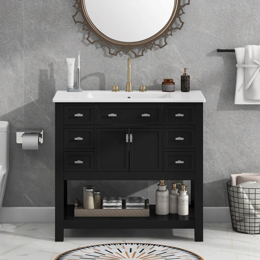 Modern 36'' Independent Bathroom Vanity w/Mounted Ceramic Sink