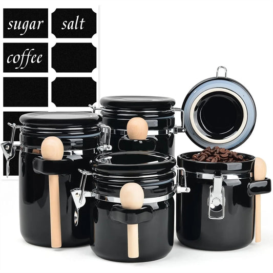 Black Ceramic Canister Set featuring 4 airtight storage jars with stylish wooden spoons and chalk labels for easy organization.