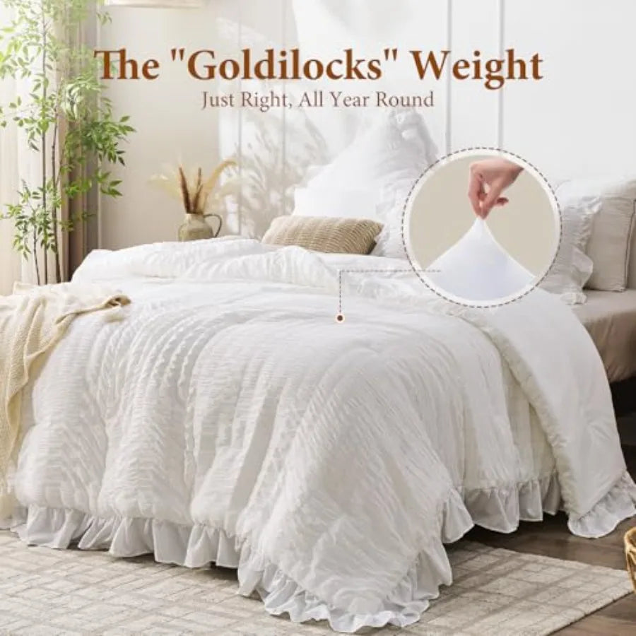 Full view of the White Ruffle Comforter Set styled in a cozy bedroom, perfect for a farmhouse aesthetic.