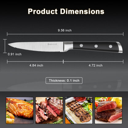 6-Piece German Stainless Steel Serrated Steak Knife Set arranged for a refined steak dinner