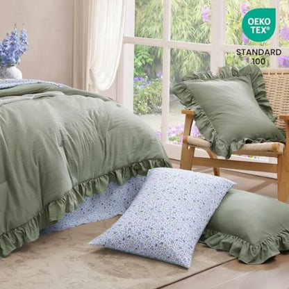 Luxury Sage Green Ruffle Comforter Set – 7-Piece Farmhouse Bedding with Sheets, Soft Elegant All-Season Bed Set