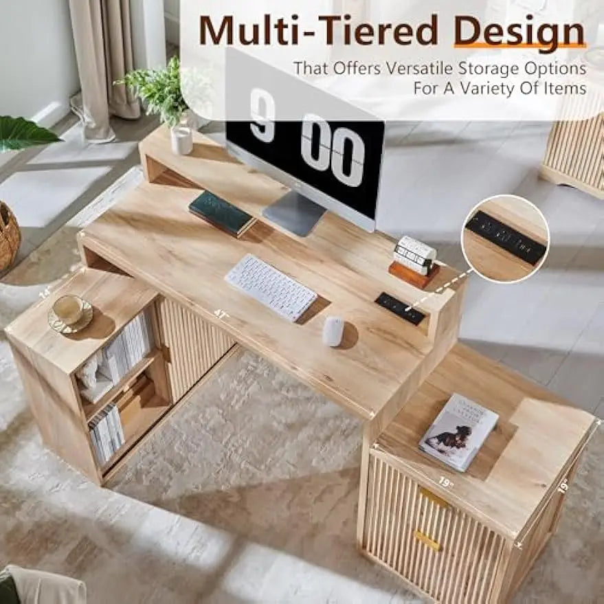 Modern L-shaped Fluted Credenza Desk w/Storage Cabinet & Drawers