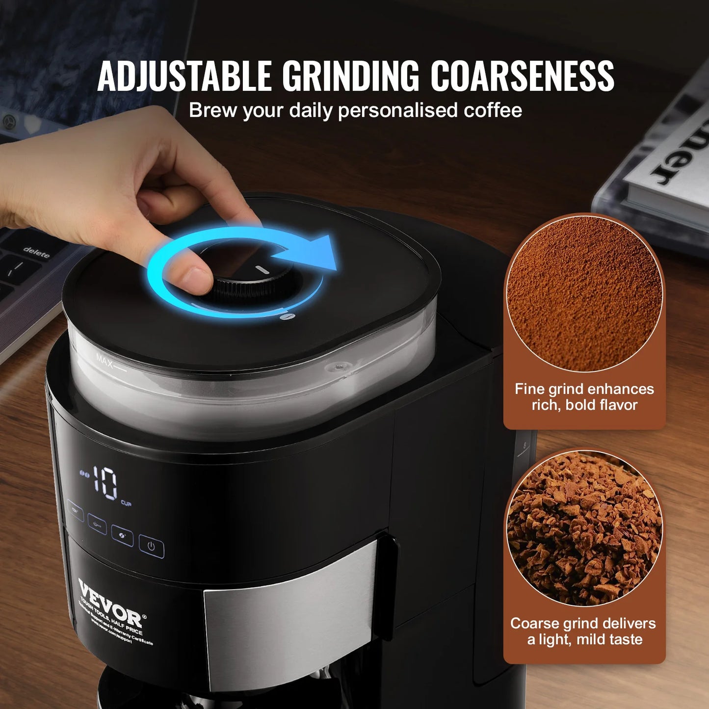 Grind & Brew Coffee Maker with Built-In Grinder, 10-Cup Drip Coffee Machine with Adjustable Strength & Coarseness