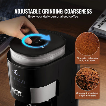 Grind & Brew Coffee Maker with Built-In Grinder, 10-Cup Drip Coffee Machine with Adjustable Strength & Coarseness