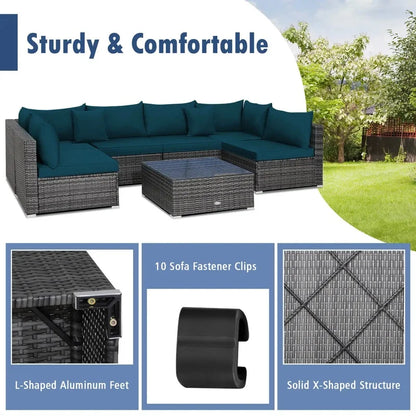 7-Piece Outdoor Rattan Sectional Sofa Set w/Peacock Blue Cushions