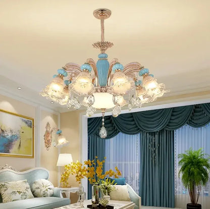 Frosted White Glass Tiffany Blue Floral Chandelier