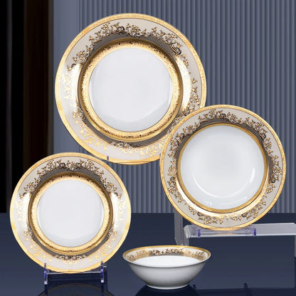 Luxury 98-Piece Ceramic White/Gold Dinnerware Set 