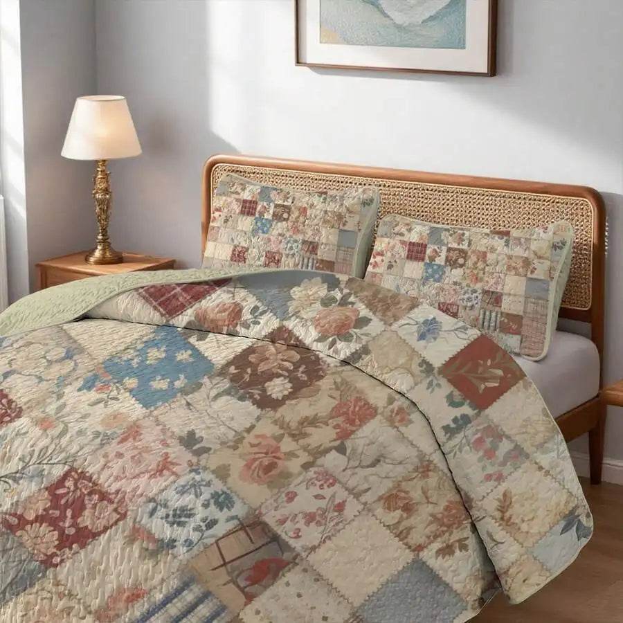 Davulos Plaid Patchwork Quilt Set Queen, 3-Piece Gray Reversible Microfiber Bedspread with Pillow Shams, cozy cabin-style plaid quilt set