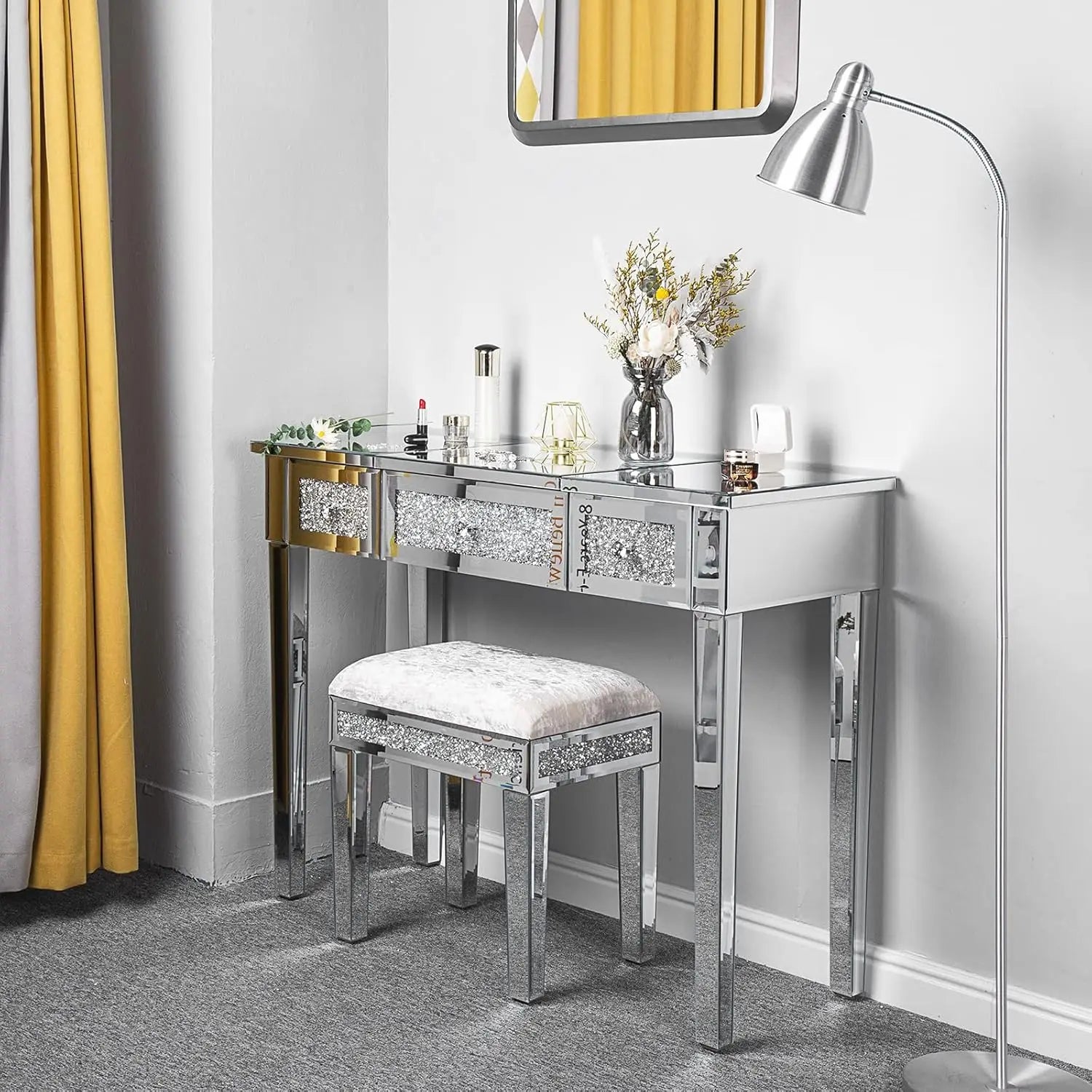 33.9" Elegant Silver Mirrored Vanity Table with 3 Drawers and Flip-Up Mirror showcasing the luxurious silver vanity table design.
