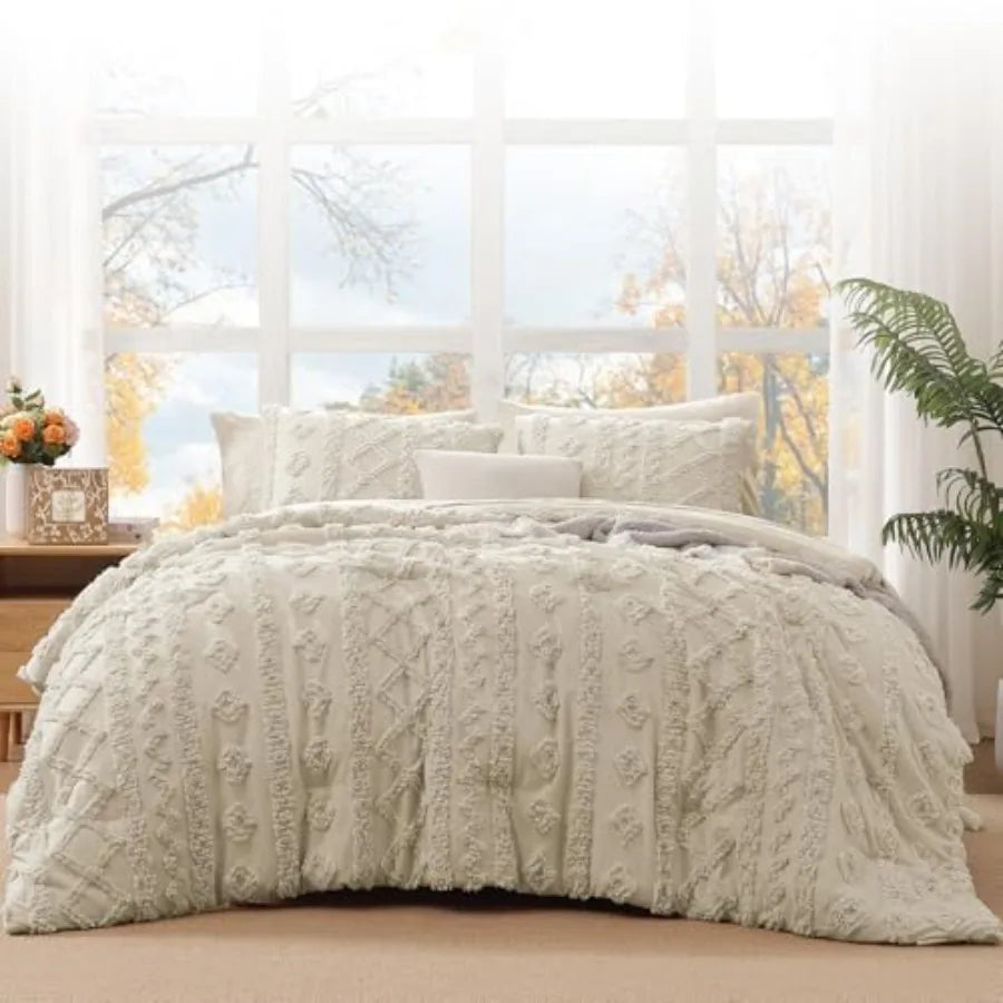Lifestyle image of the Luxury Tufted Beige Comforter Set in a beautifully decorated room, exemplifying a cozy, high-end retreat.