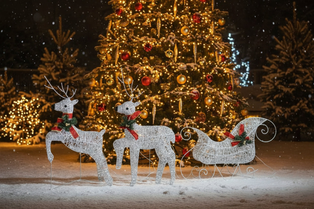 Outdoor Silver Reindeer & Sleigh Christmas Decoration w/60 LED Lights featuring a charming silver reindeer decoration illuminated by twinkling lights in a cozy winter setting.