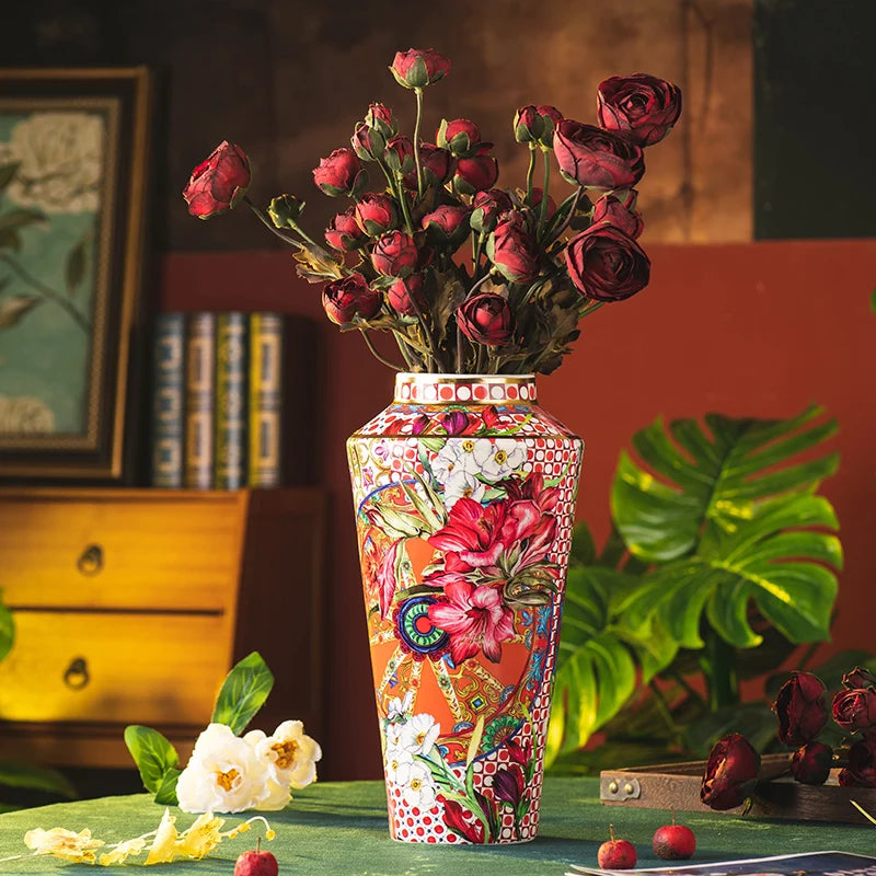 Colorful Ceramic Flower Vase with Gold Accents showcasing a vibrant design, perfect for retro glam floral decor.