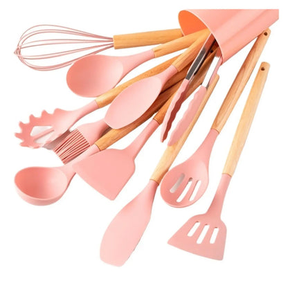 12-Piece Silicone Kitchen Utensil Set with Wooden Handles for Non-Stick Cookware, silicone kitchen utensil set for flipping and turning food