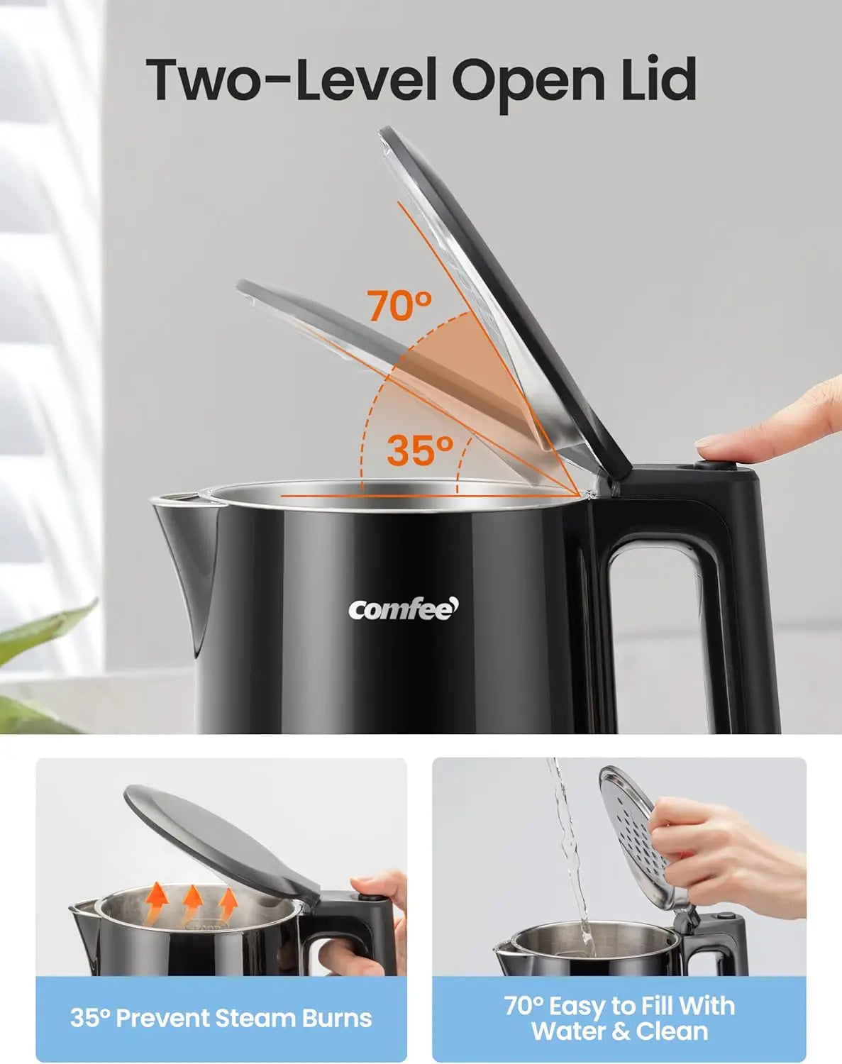 The Comfee’ 1.7L Black Double Wall Electric Kettle with a 1500W power feature, making quick work of boiling water.