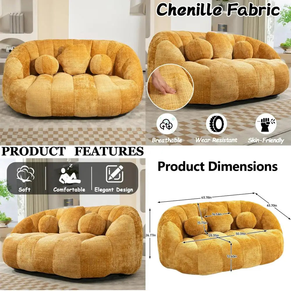 Luxurious Ergonomic Oversized(63.8W) Chenille Fluffy Lazy Sofa Set w/Three(3) Cushions 