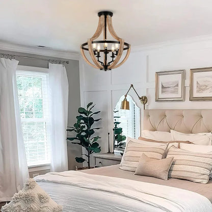 5-Light Farmhouse Lantern Wood Chandelier showing rustic design and warm brown finish, perfect for dining rooms and kitchens.