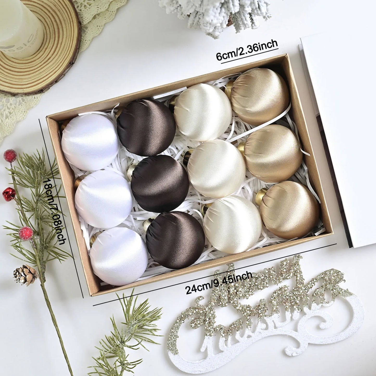 An elegant collection of holiday ornaments featuring satin silk ball ornaments in trendy patterns, suitable for creative Christmas decorating.