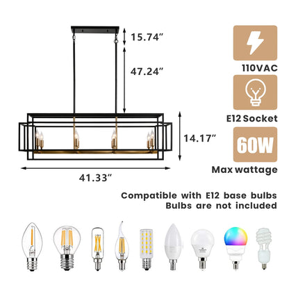 Overall view of the Modern Farmhouse 8-Light Linear Chandelier in a dining room setting, combining functionality and style. A stunning modern farmhouse chandelier for your home.