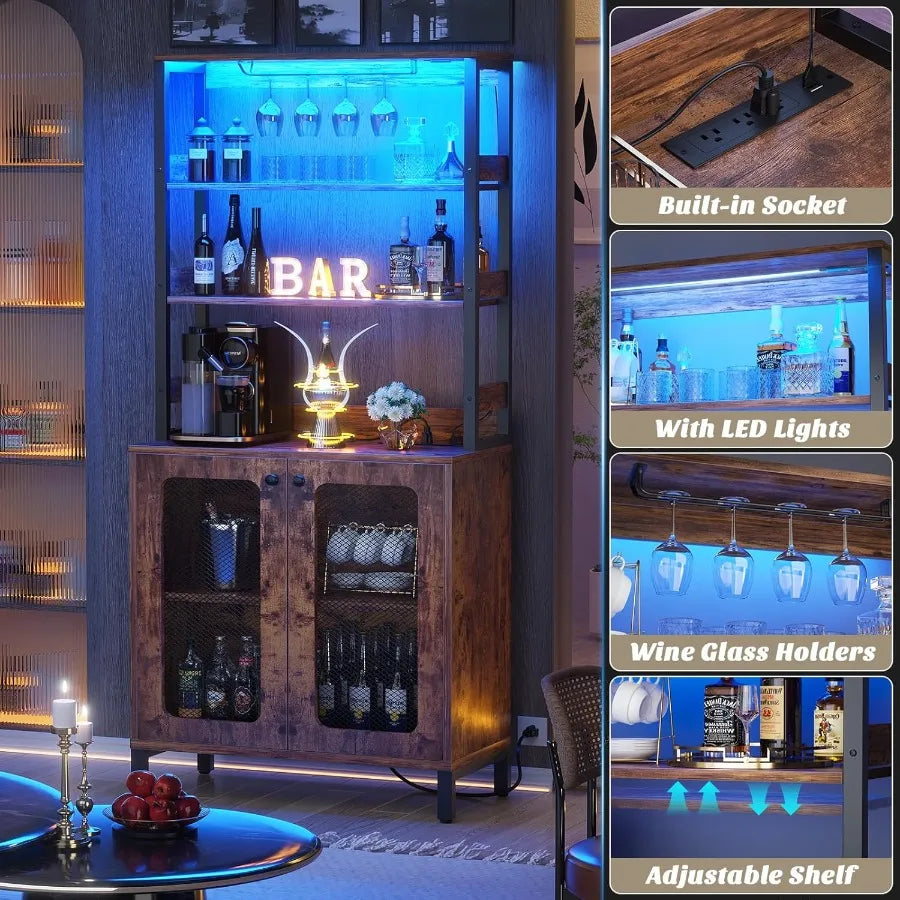 67" Tall Rustic Brown Wine Bar Cabinet w/RGB LED Lights