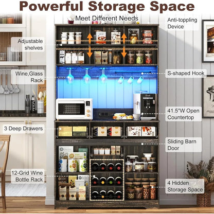 Farmhouse Coffee Bar Cabinet/Liquor Bar/Pantry Cabinet w/RGB Lights