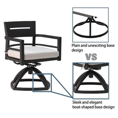 Elegant white cushions on the Modern Black Aluminum 7-Piece Outdoor Dining Set, ensuring comfort and style.
