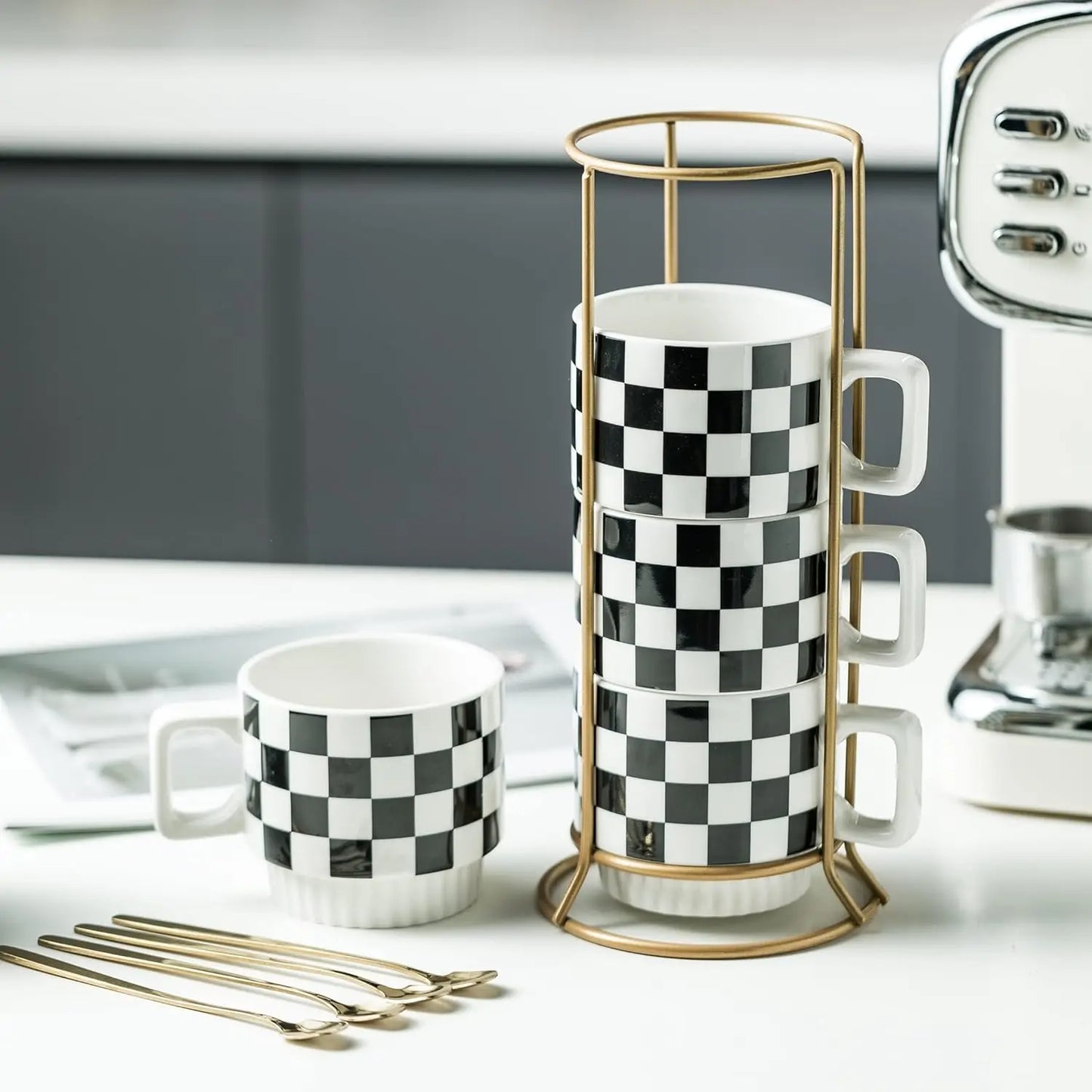 Modern Checkered Black And White 11Oz coffee mug filled with coffee and placed on a countertop, perfect representation of the checkered coffee mug set.