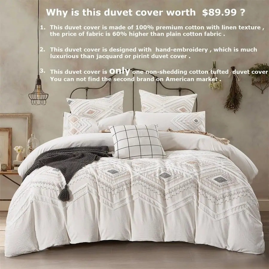 Close-up of the Luxurious 3-Piece Boho Tufted King Size Cotton Duvet Cover showcasing the hand-embroidery details, ideal for a boho king duvet cover look.