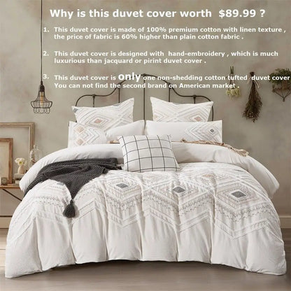 Close-up of the Luxurious 3-Piece Boho Tufted King Size Cotton Duvet Cover showcasing the hand-embroidery details, ideal for a boho king duvet cover look.