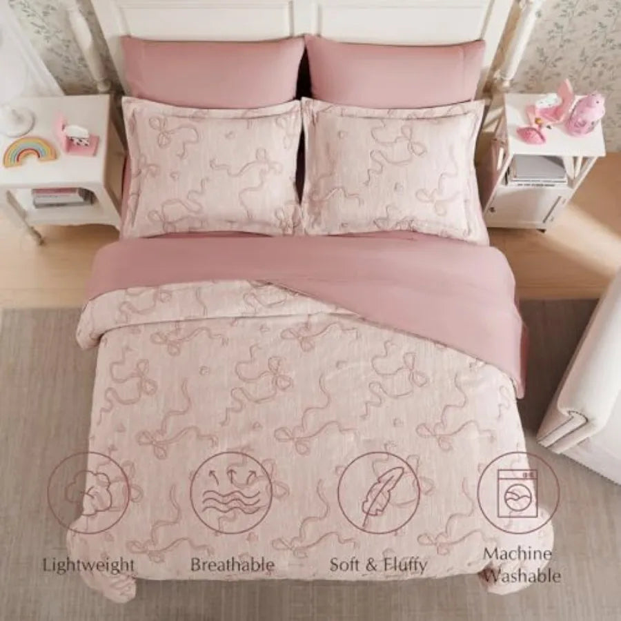 Complete 7 Piece Luxury Blush Pink Bowknot Comforter Set arranged on a bed, highlighting this stylish blush pink comforter set.