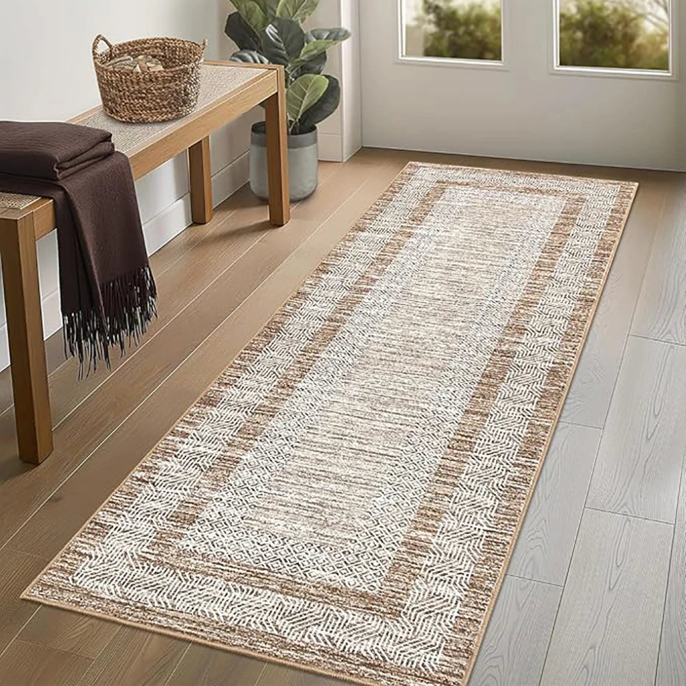 2x6 Brown Geometric Runner Rug, Washable Non-Slip featuring a textured non-slip backing