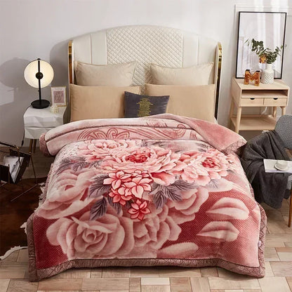 Korean Raschel 2-Ply Heavy Fleece Blanket, 78x90 Queen Size Reversible Geometric Plush Blanket with a vintage cream floral pattern; reversible geometric blanket for elegant bedding.