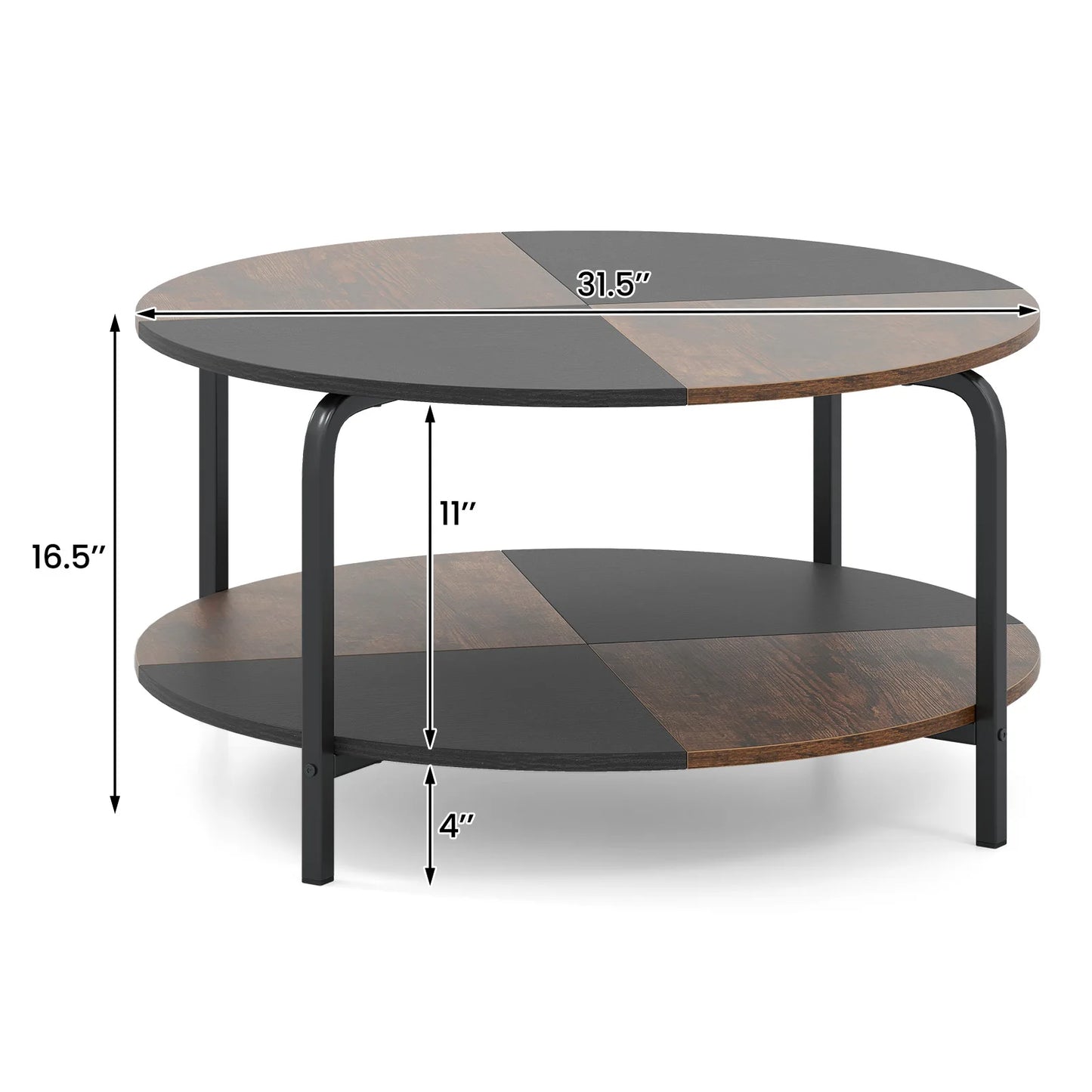 Side view of the sturdy base of the 31.5-Inch 2-Tier Round Coffee Table, highlighting the heavy-duty metal frame and anti-slip foot pads.