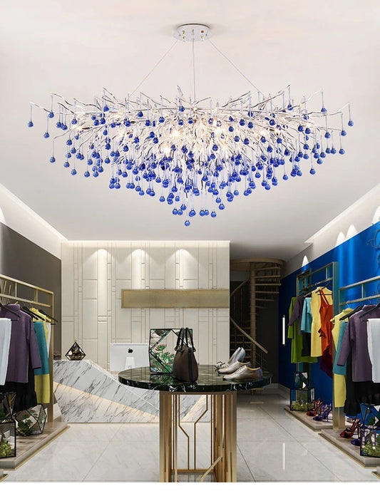 Luxury Chrome Branch  &  Silver Blue Crystal Ceiling Chandelier