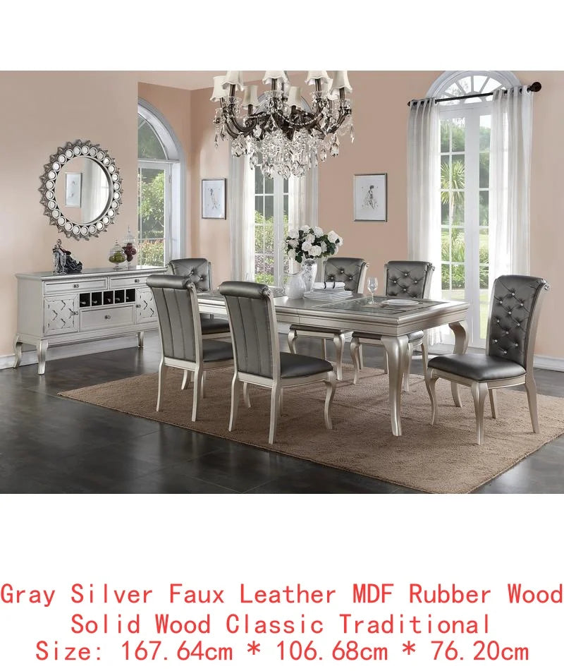 Italian Inspired 7-Piece Silver Glass Tabletop Dining Table Set w/ 6 Tufted Side Chairs 