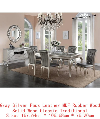 Italian Inspired 7-Piece Silver Glass Tabletop Dining Table Set w/ 6 Tufted Side Chairs 