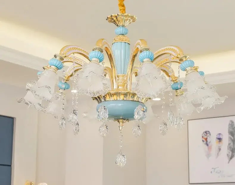 Frosted White Glass Tiffany Blue Floral Chandelier