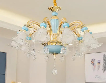 Frosted White Glass Tiffany Blue Floral Chandelier