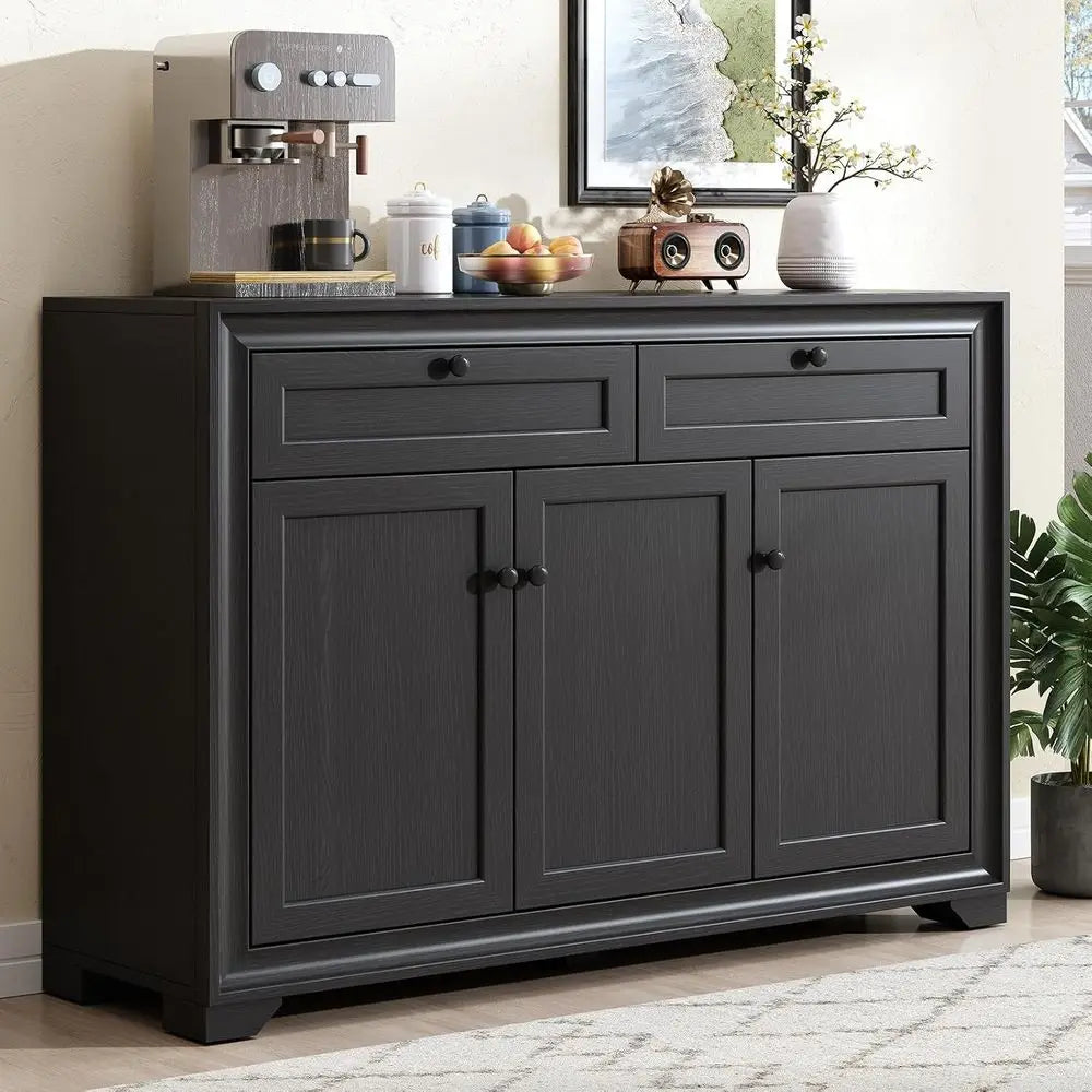 48” Farmhouse Buffet Cabinet with Storage, Black Sideboard Coffee Bar showcasing smooth-glide drawers and sculptural knife-edge design.
