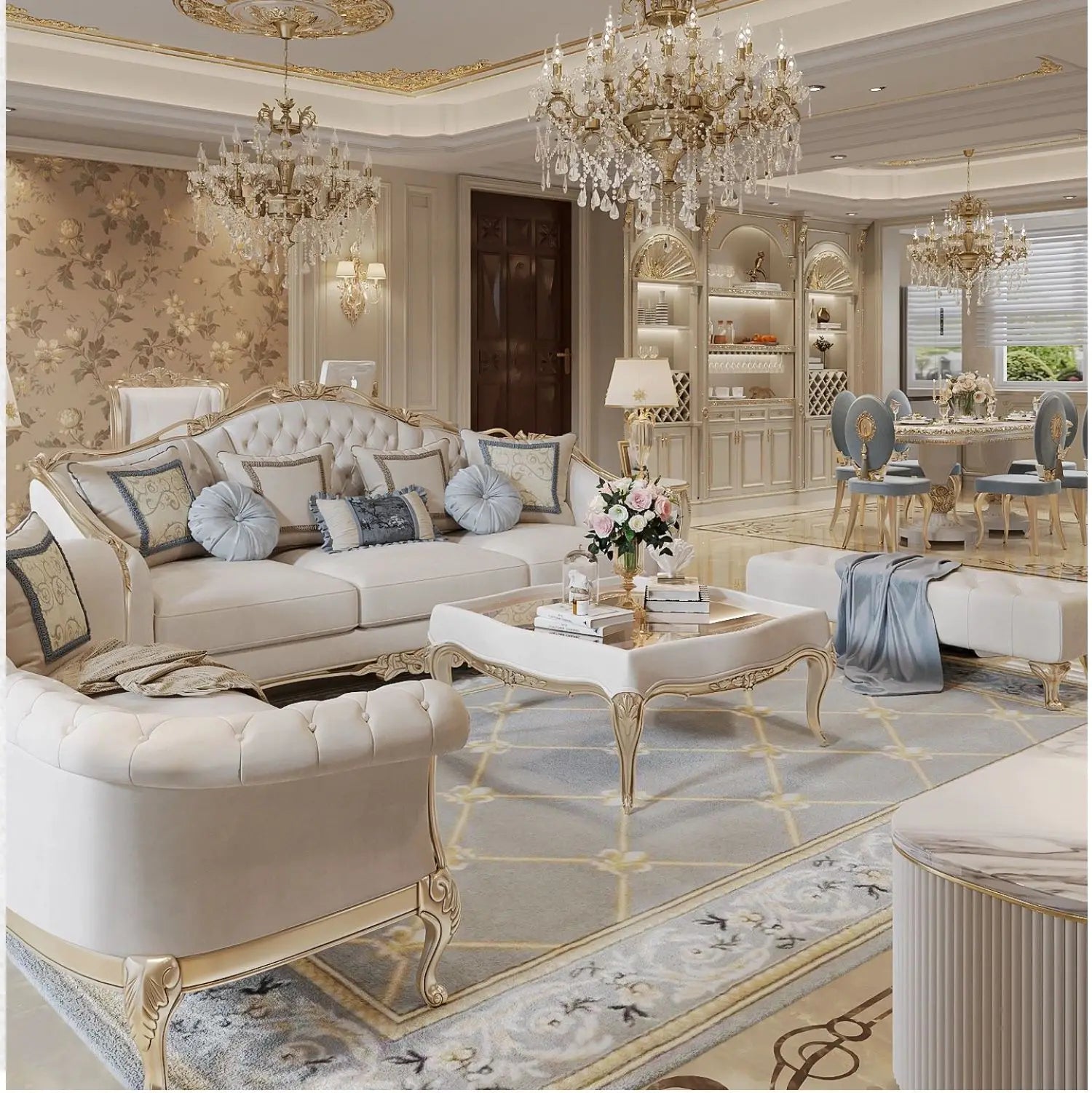 Detailed view of the craftsmanship in Elegant French Style Solid Wood Living Room Furniture, showcasing premium solid wood quality.