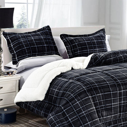 Luxury Plaid Sherpa Comforter Set King featuring ultra-soft reversible micro-suede bedding and plush warmth.