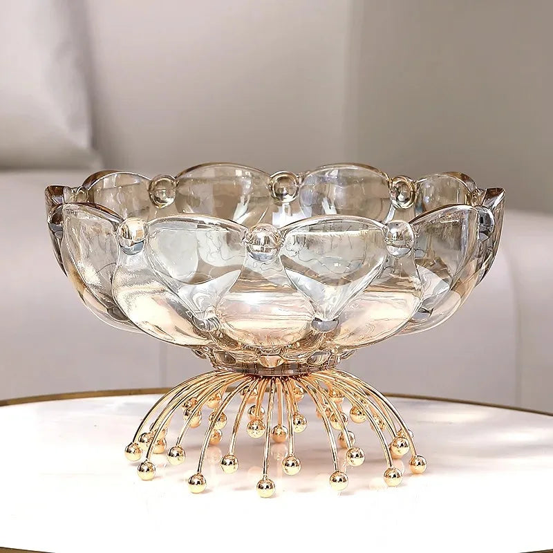Stylish Amber Glass Flower Bowl with Beaded Metal Base - Artistic view of the beaded base, emphasizing the craftsmanship of the amber glass bowl.