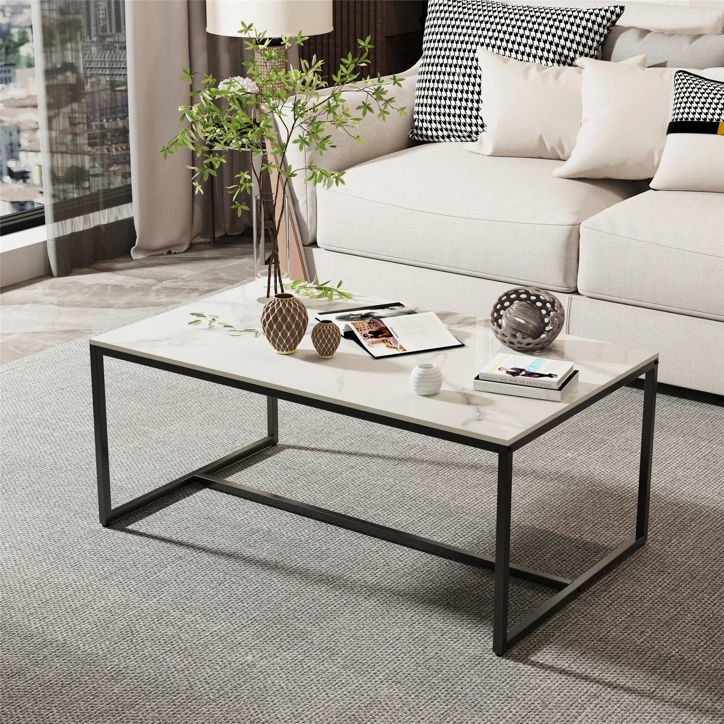 Rectangular Sintered Stone Coffee Table w/Black Metal Frame