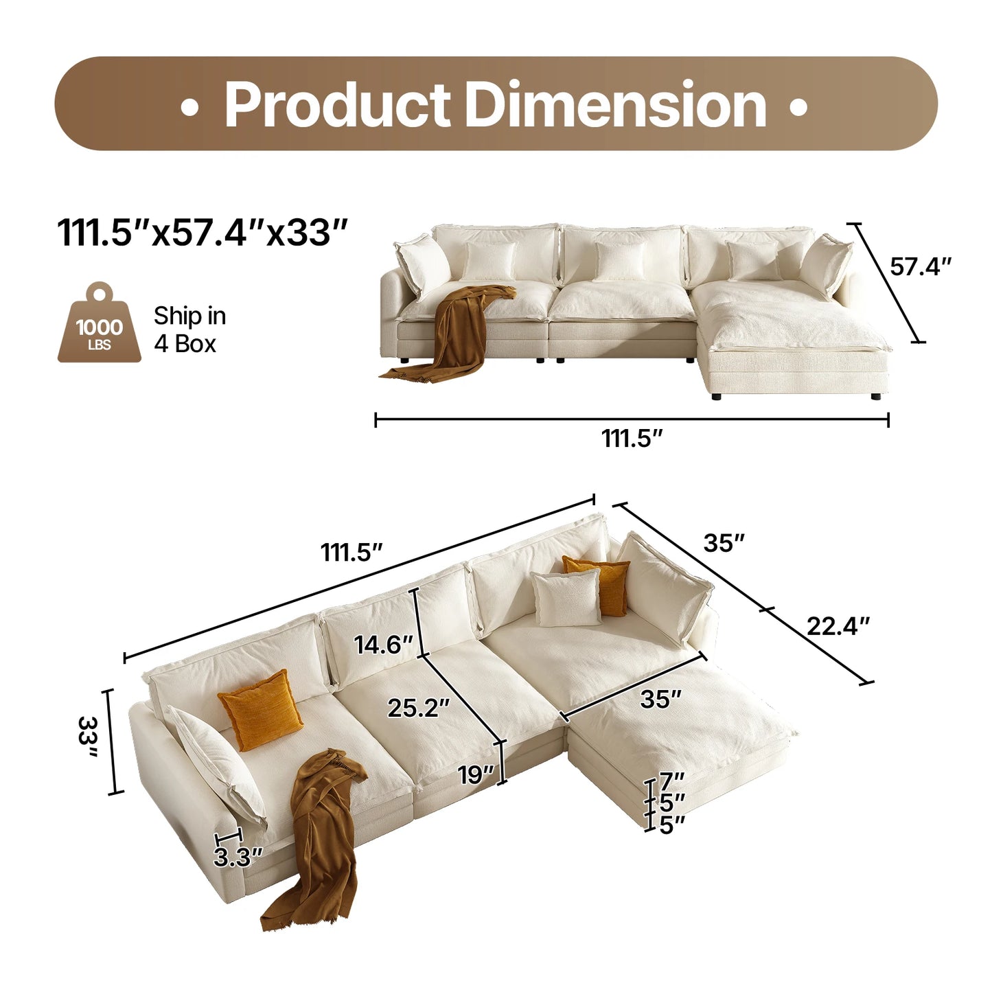 Modern Beige Chenille Upholstered Modular L-shaped Sectional Sofa w/Memory Foam Cushions