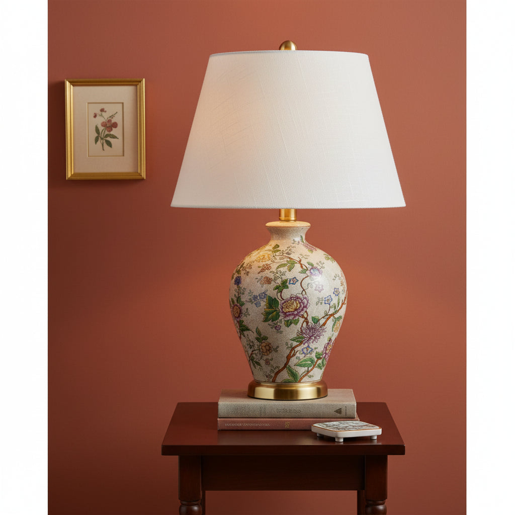 Side angle of the Elegant 24" Multicolor Ceramic Floral LED Table Lamp with Golden Base, showcasing its elegant design and colorful floral accents as a multicolor table lamp.