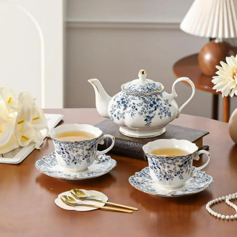 Vintage Blue Floral Bone China Tea Set arranged beautifully for an intimate tea gathering.
