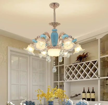 Frosted White Glass Tiffany Blue Floral Chandelier